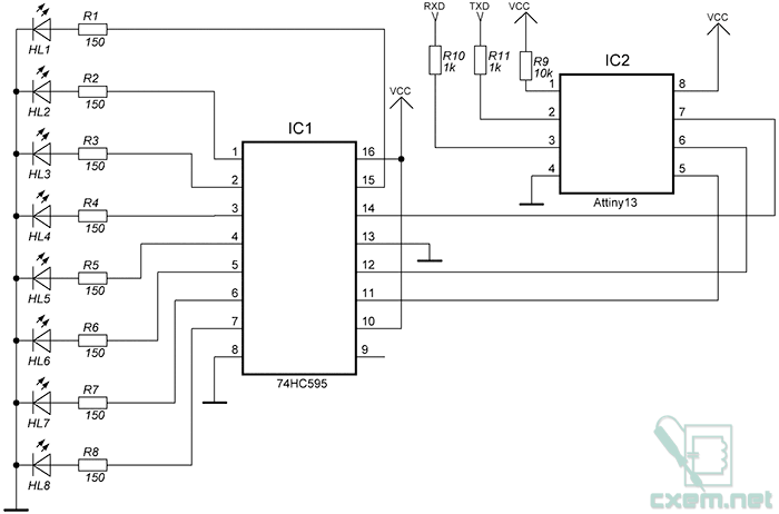 Контроллер 8 нагрузок ATtiny13 с управлением по UART Контроллер 8 нагрузок ATtiny13 с управлением по UART